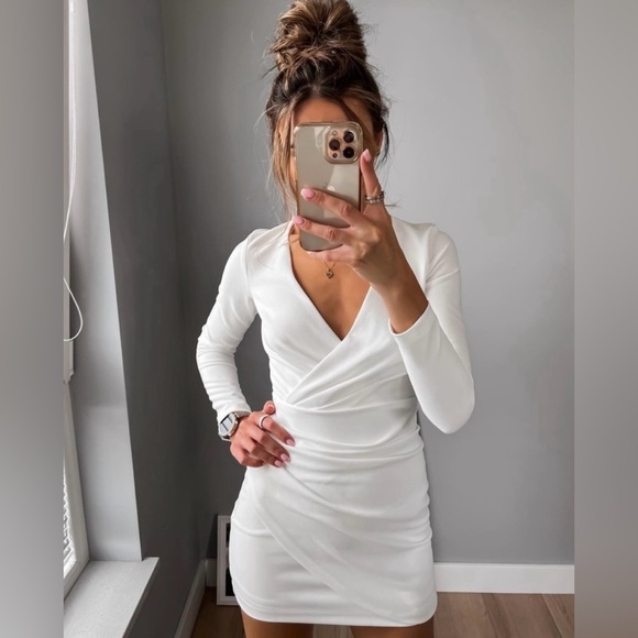 Zara Dresses & Skirts - Zara white mini dress draped wrap long sleeve shower party wedding